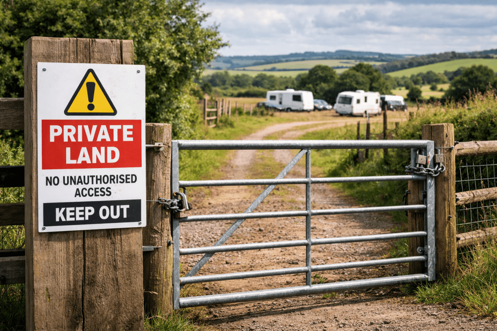 Private land entrance gate with clear boundary signage